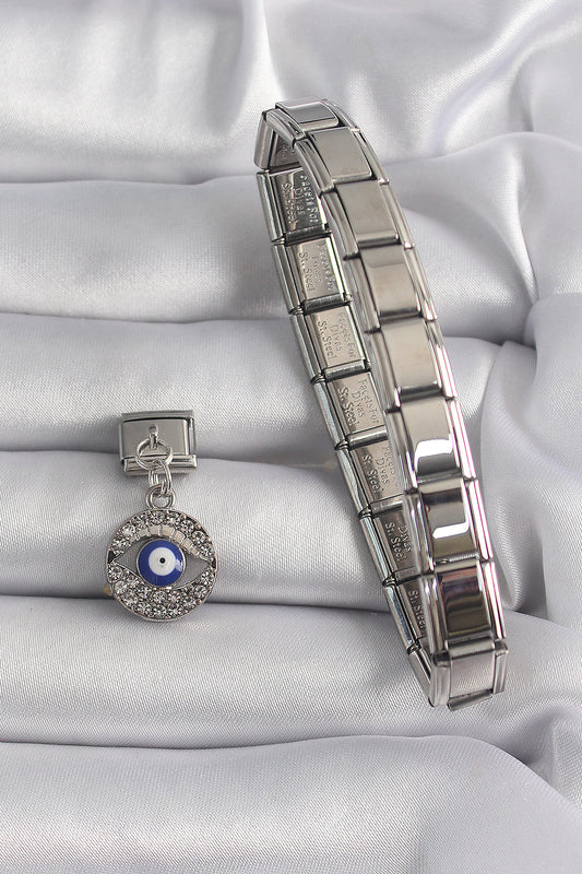 316L Steel Silver Color Dangle Zircon Stone Eye Model Evil Eye Bead Detail Nomination Charm