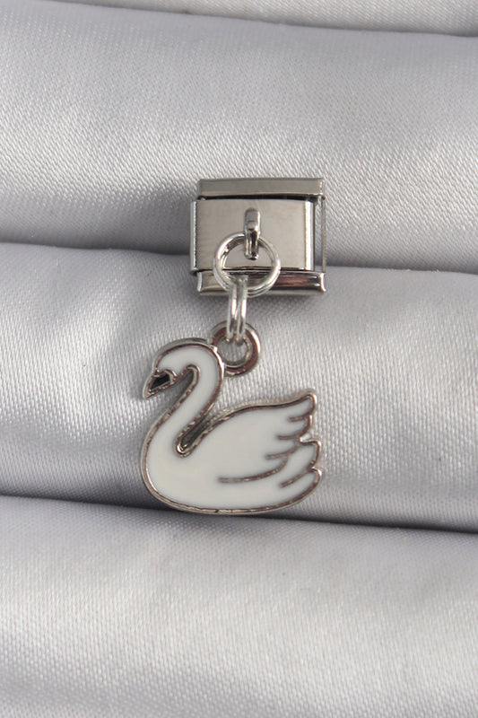 316L Steel Silver Color Dangle White Swan Model Nomination Charm