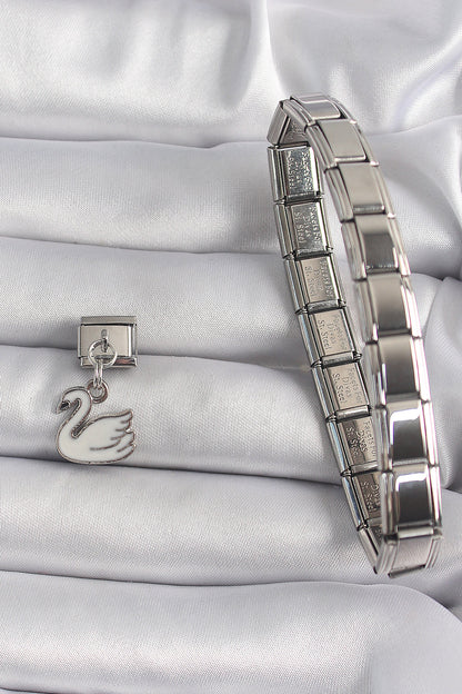 316L Steel Silver Color Dangle White Swan Model Nomination Charm