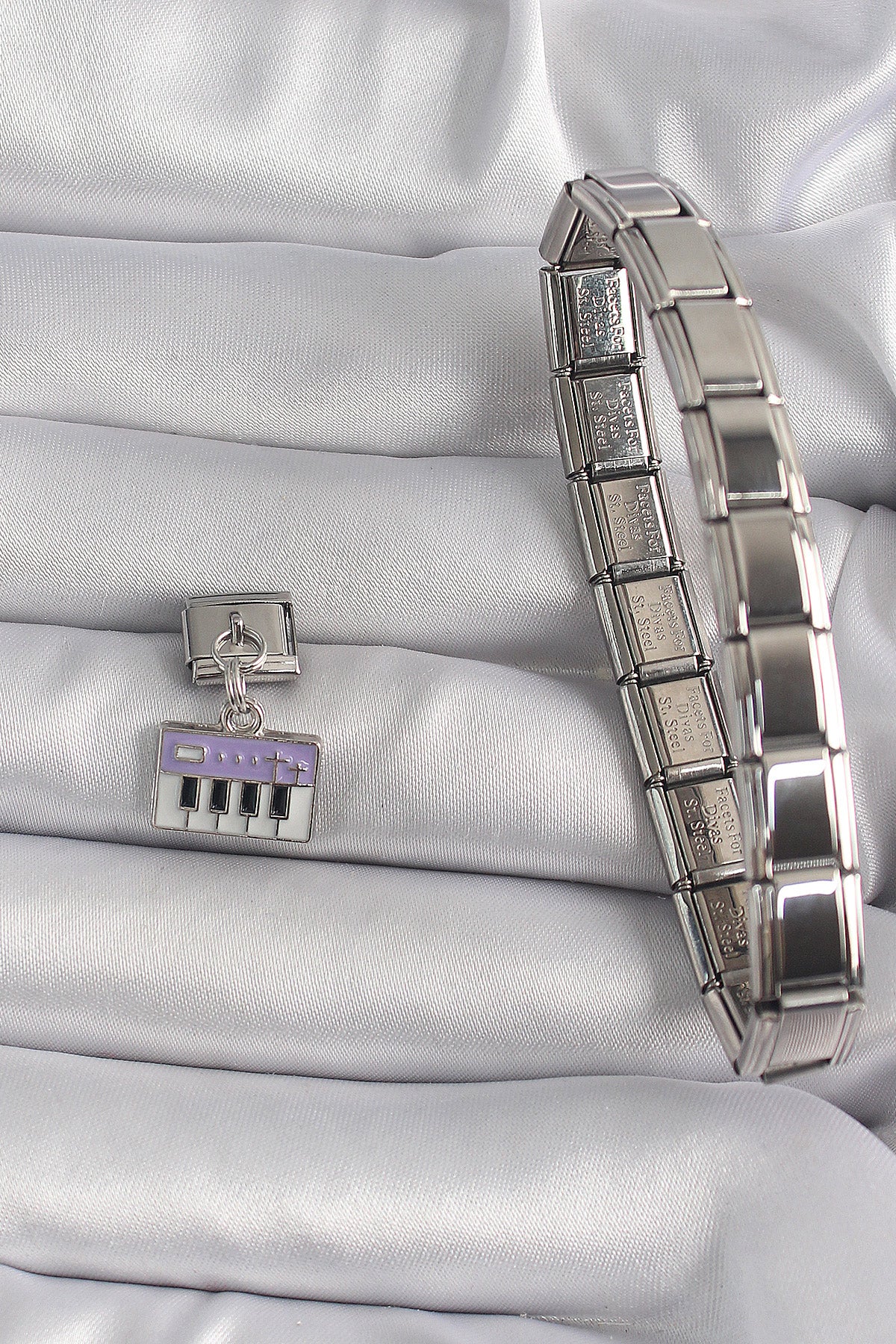 316L Steel Silver Color Dangle Purple Piano Figure Nomination Charm