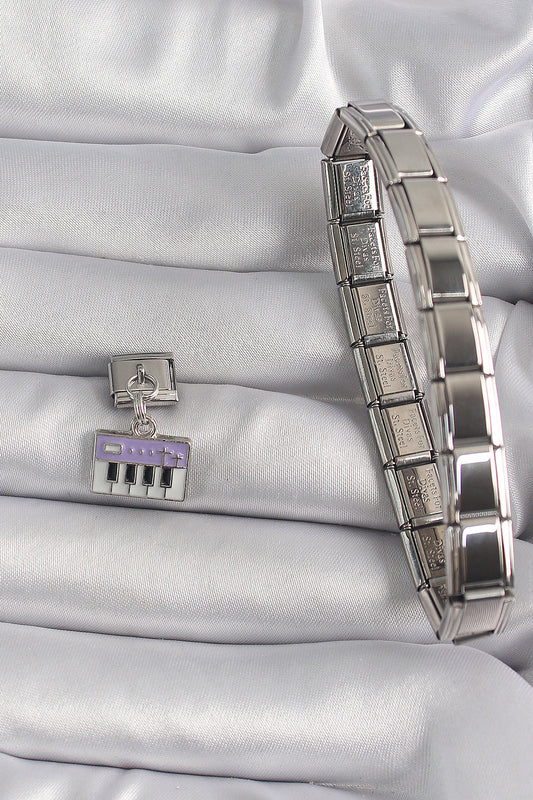 316L Steel Silver Color Dangle Purple Piano Figure Nomination Charm