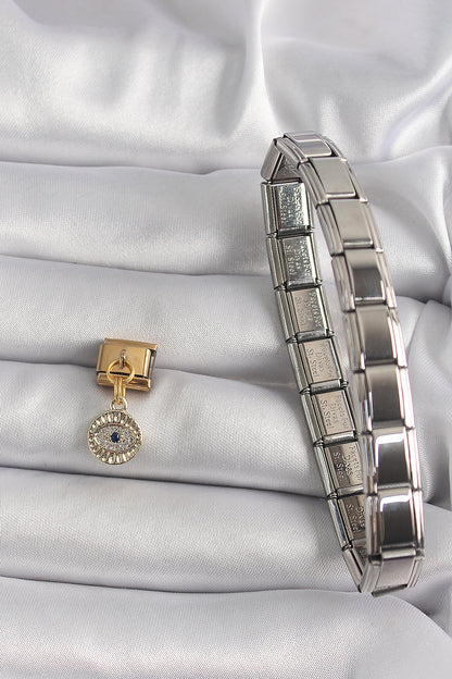 316L Çelik Gold Renk Sallantı Zirkon Taşlı Göz Model Nomination Charm