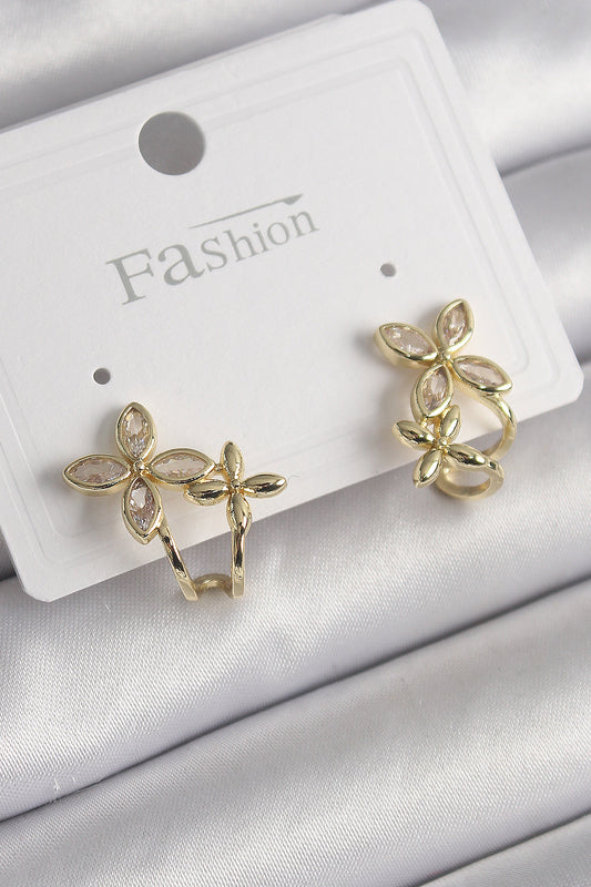 Brass Gold Color Zircon Stone 2-Piece Flower Model Women's Earrings