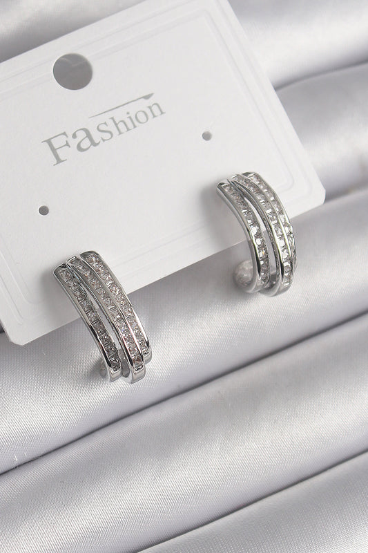 Brass Silver Color Zircon Stone Half Hoop Model Women's Earrings