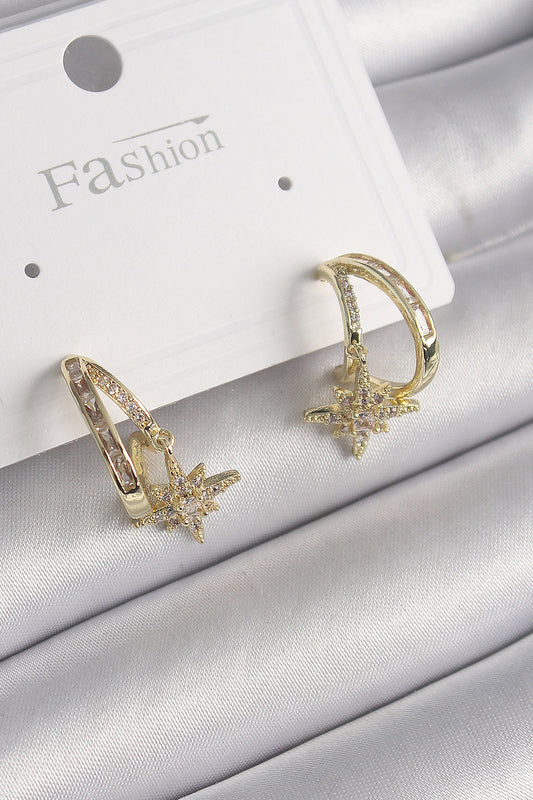 Brass Gold Color Zircon Stone Hoop Model Star Detail Women's Earrings