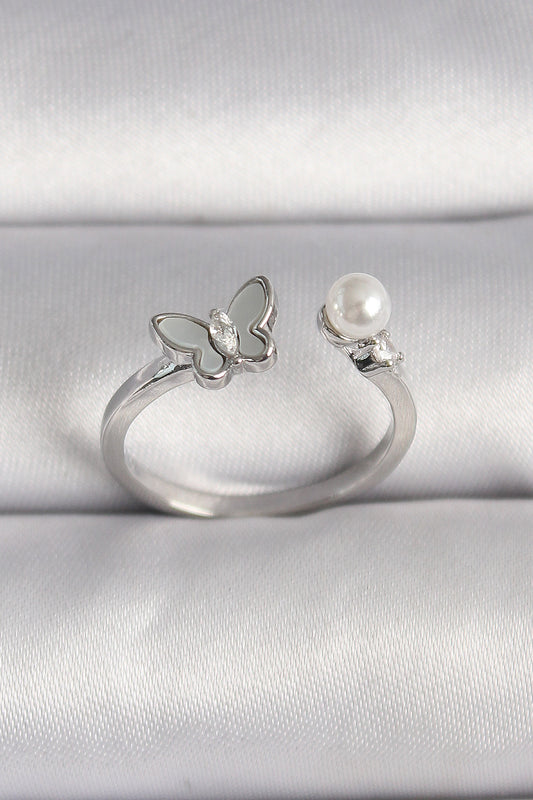 Brass Silver Color Zircon Stone Detailed White Enamel Butterfly Figure Pearl Detail Adjustable Ring