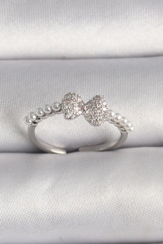 Brass Silver Color Zircon Stone Bow Pearl Detail Adjustable Ring