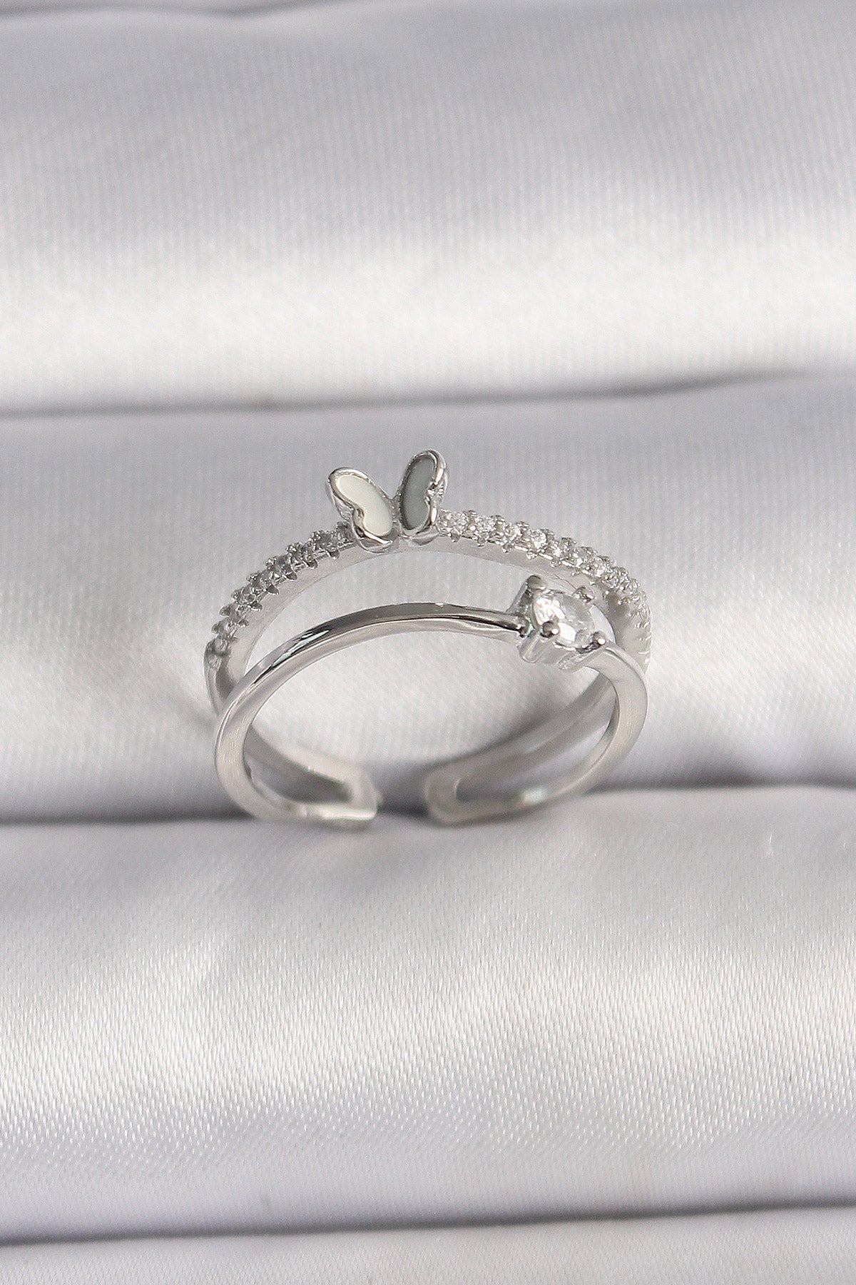 Brass Silver Color Zircon Stone Butterfly Figured Adjustable Ring