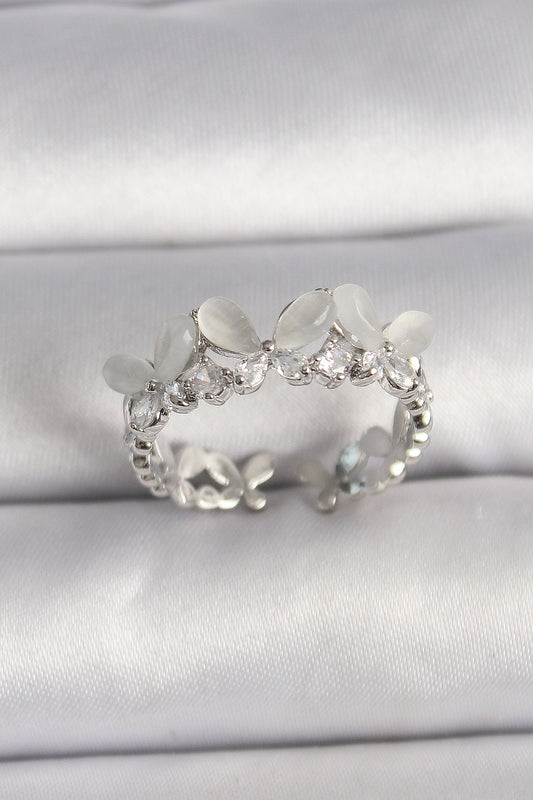 Brass Silver Color Zircon Stone White Enamel Butterfly Model Adjustable Ring