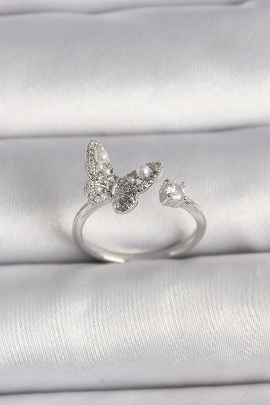 Brass Silver Color Zircon Stone Butterfly Model Pearl Detail Adjustable Ring