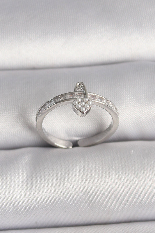 Brass Silver Color Zircon Stone Pearl Detailed Lock Heart Model Adjustable Ring