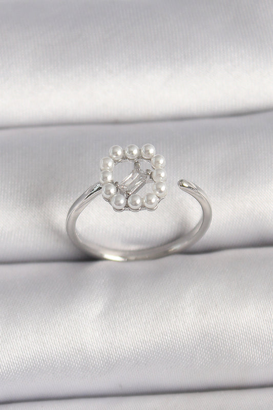 Brass Silver Color Zircon Stone Detailed Pearl Adjustable Ring