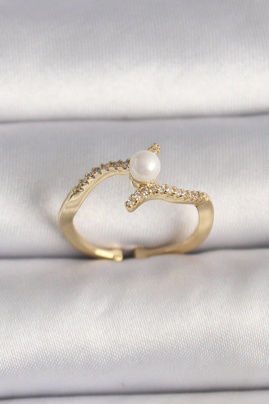 Pirinç Gold Renk Zirkon Taşlı İncili Ayarlanabilir Yüzük