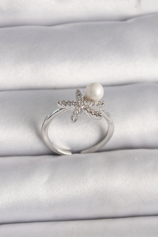 Brass Silver Color Zircon Stone Starfish Model Pearl Detail Adjustable Ring