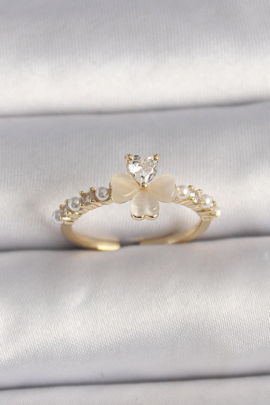 Brass Silver Color Zircon Stone White Enamel Clover Model Pearl Detail Adjustable Ring