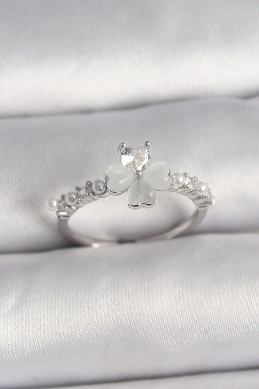 Brass Silver Color Zircon Stone Clover Model Pearl Detail Adjustable Ring