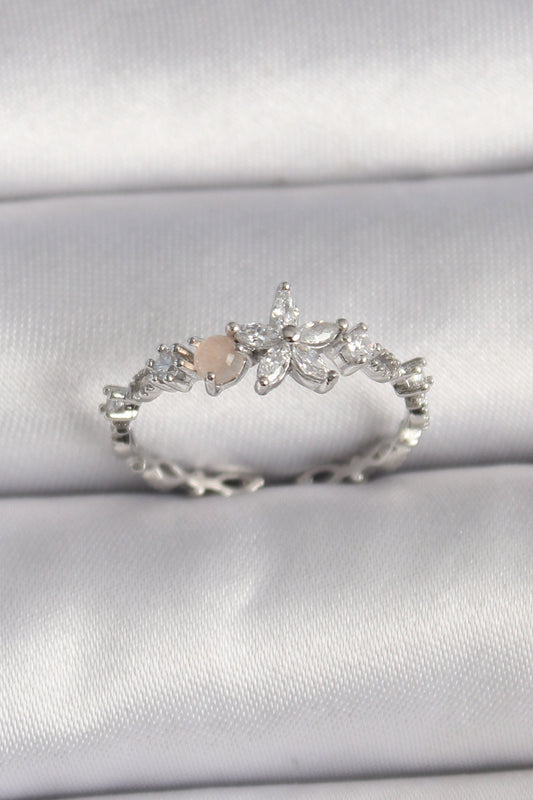Brass Silver Color Zircon Stone Flower Model Adjustable Ring