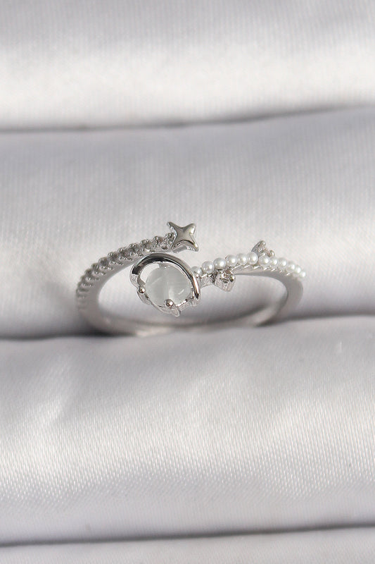 Brass Silver Color Zircon Stone White Enamel Star Detail Adjustable Women's Ring