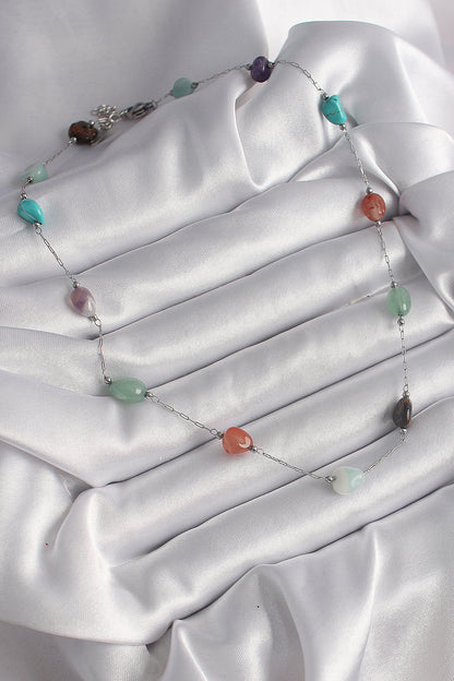 316L Çelik Gümüş Renk Zincir Renkli Doğaltaş Model Kadın Kolye