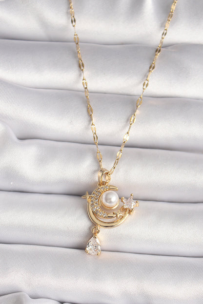 316L Gold Renk Zirkon Taşlı Ay Yıldız Model Sallantı Detay Kadın Kolye