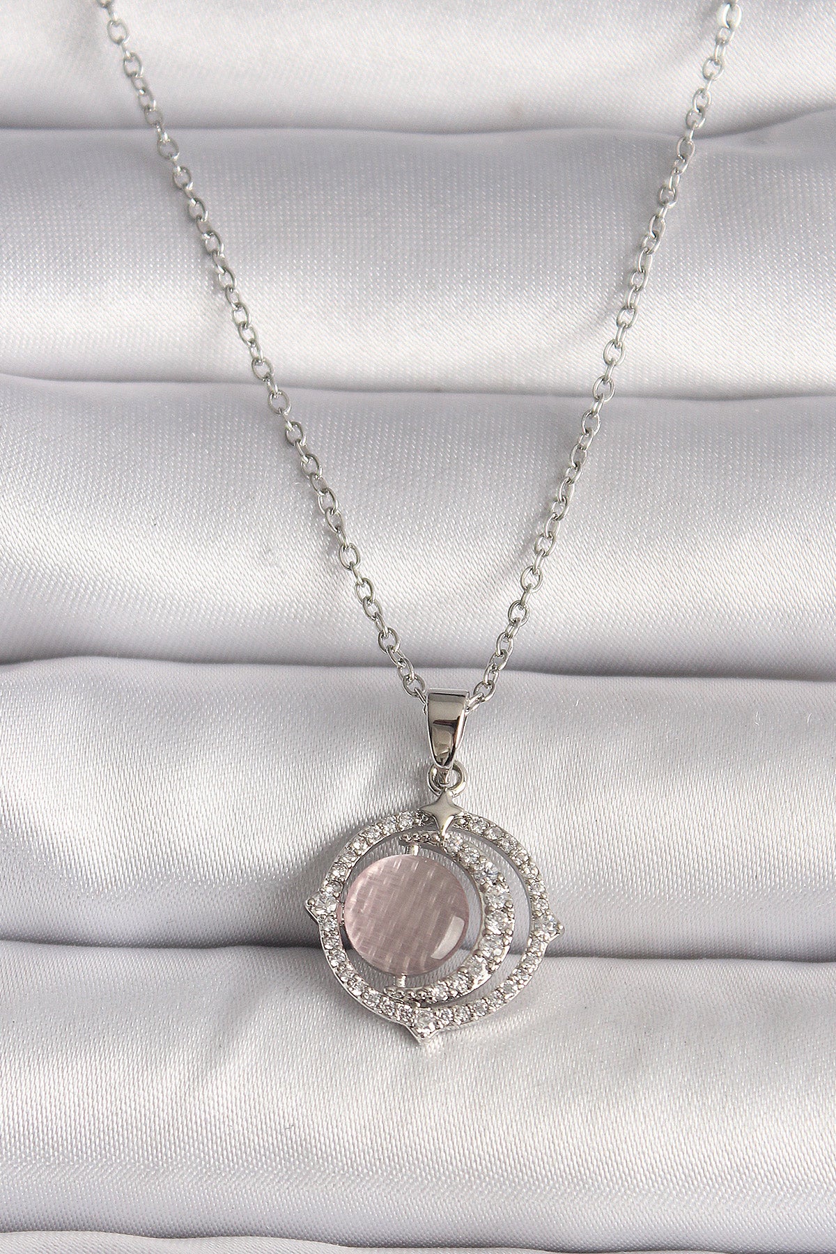 316L Steel Silver Color Zircon Stone Pink Pearl Crescent Model Women's Necklace