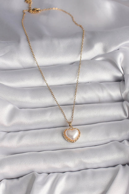 316L Çelik Gold Renk Zincir 3D İnci Kalp Model Kadın Kolye