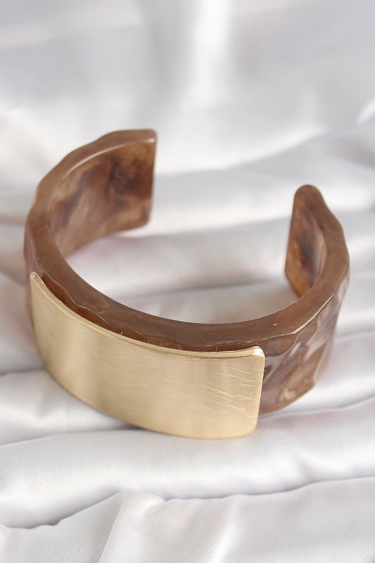 Brown Marble Pattern Acrylic Platic Gold Rectangular Plate Model Vintage Women's Bracelet