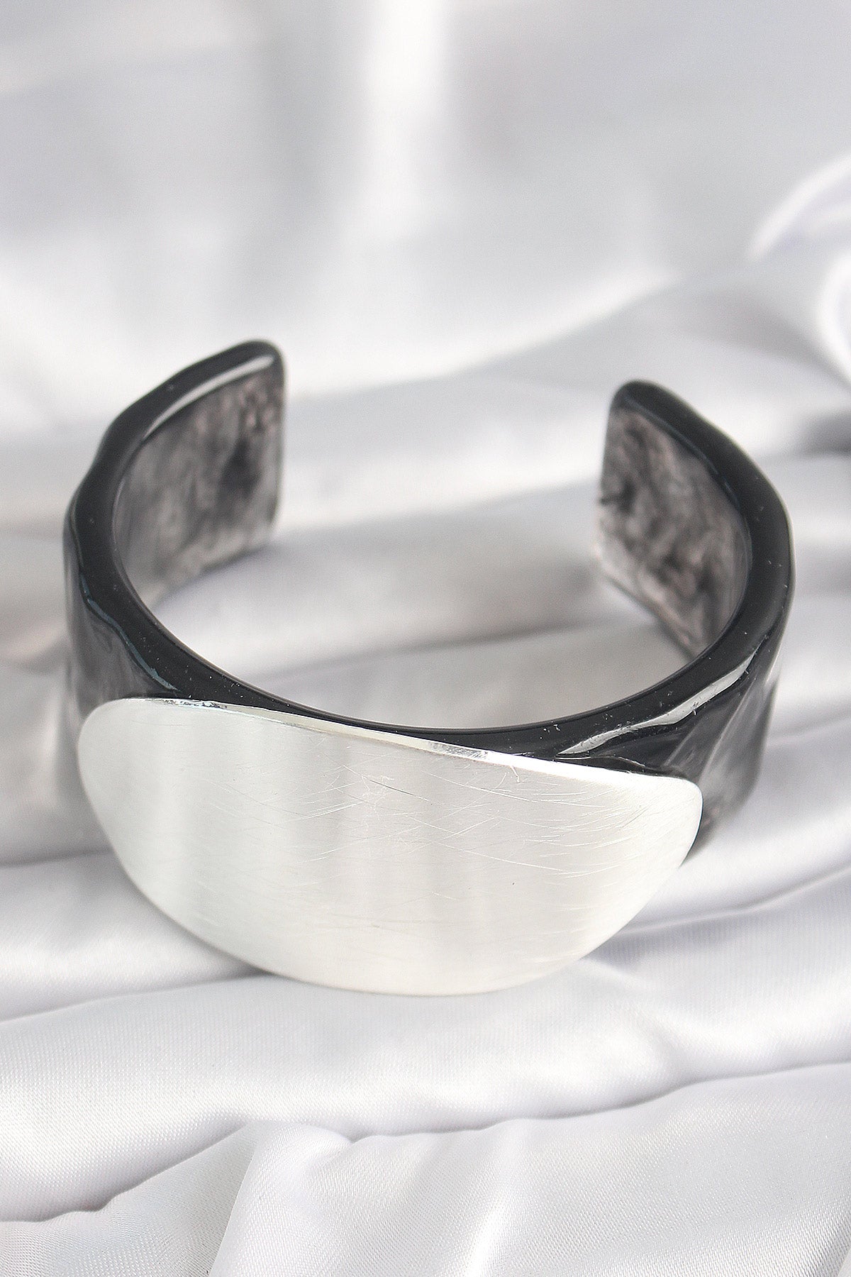 Black Marble Pattern Acrylic Plastic Silver Oval Plate Model Vintage Women's Bracelet