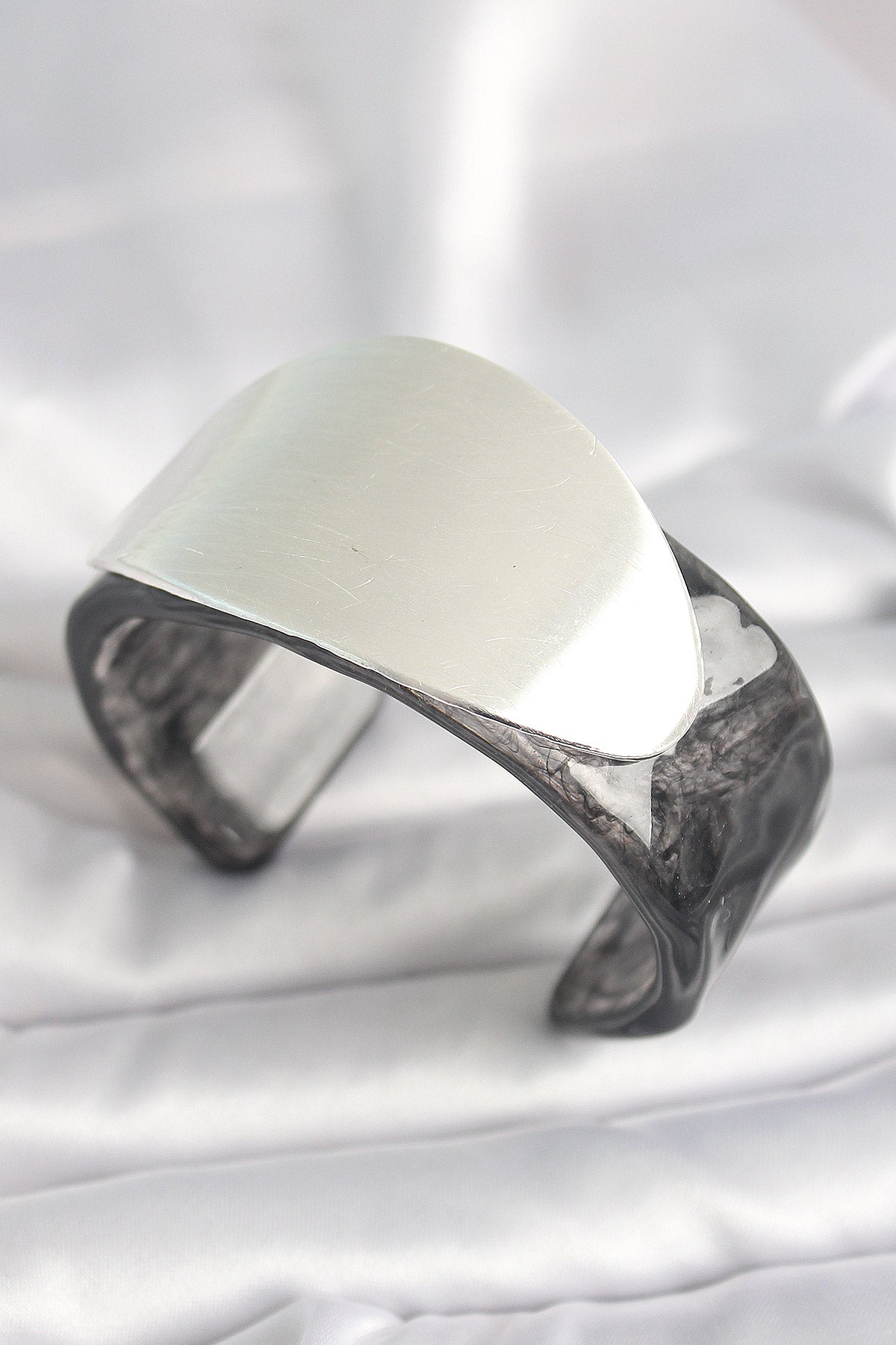 Black Marble Pattern Acrylic Plastic Silver Oval Plate Model Vintage Women's Bracelet