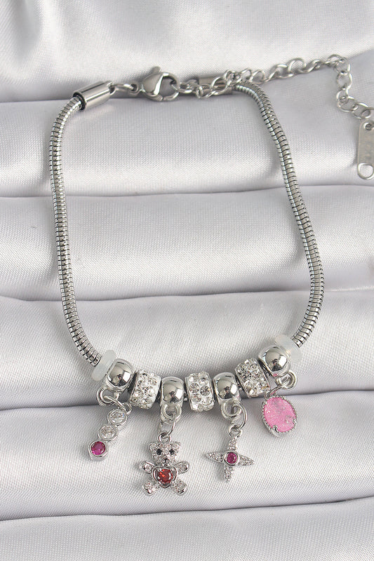 Brass Silver Color Chain Pendant Zircon Stone Bear Figure Star Detail Women's Bracelet