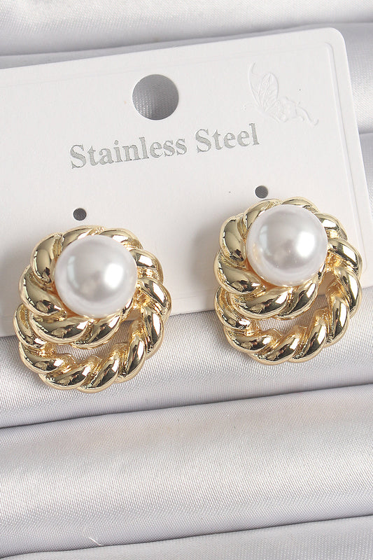 Pirinç Gold Renk İncili Sarmal Burgu Model Kadın Küpe