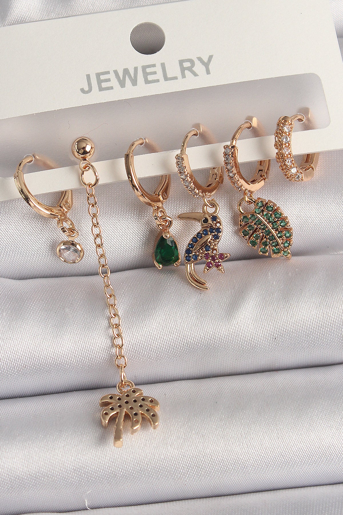 Brass Gold Color Hanging Zircon Stone Tree Figure Women's Earring Set