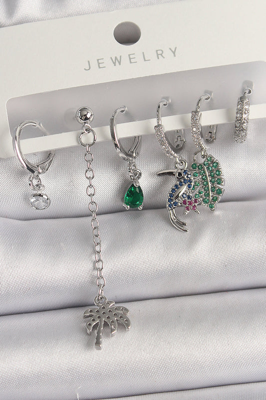 Pirinç Gümüş Renk Sallantı Zirkon Taşlı Ağaç Figür Çoklu Kadın Küpe Seti