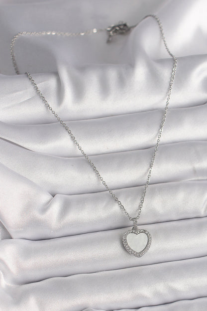 316L Çelik Gümüş Renk Zincir Zirkon Taşlı Beyaz Mineli Kalp Model Kadın Kolye