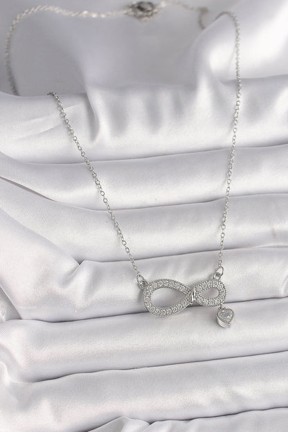 316L Çelik Gümüş Renk Zincir Zirkon Taşlı Sonsuzluk Model Taşlı Kalp Detay Kadın Kolye