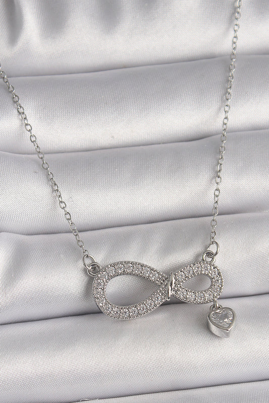 316L Çelik Gümüş Renk Zincir Zirkon Taşlı Sonsuzluk Model Taşlı Kalp Detay Kadın Kolye