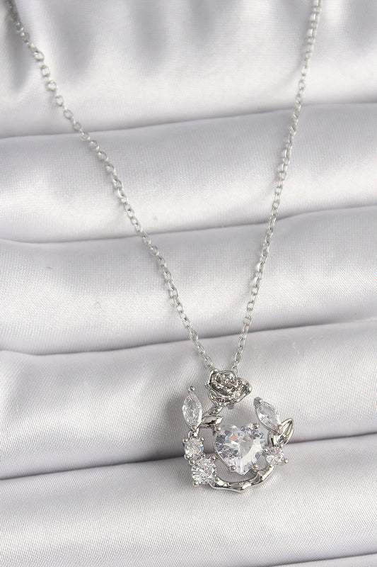 316L Steel Silver Color Chain Zircon Stone Heart Figure Rose Detail Women's Necklace