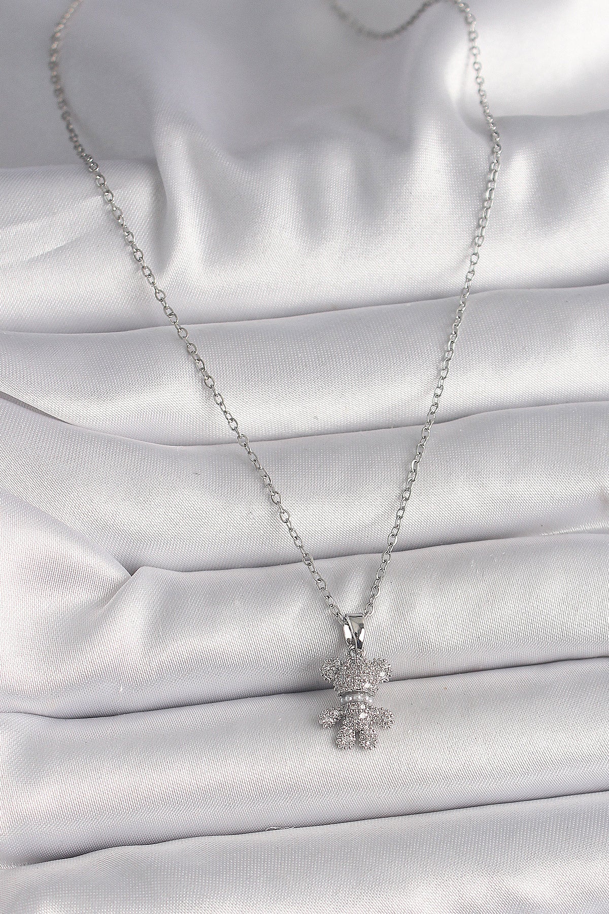 316L Çelik Gümüş Renk Zincir Zirkon Taşlı Ayıcık Figür Kadın Kolye