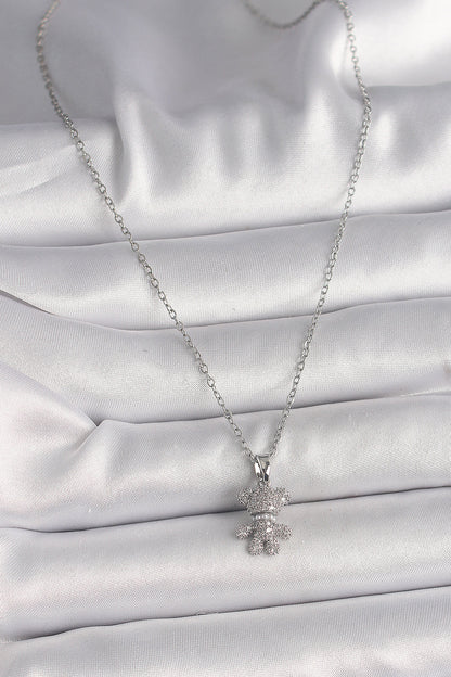 316L Çelik Gümüş Renk Zincir Zirkon Taşlı Ayıcık Figür Kadın Kolye