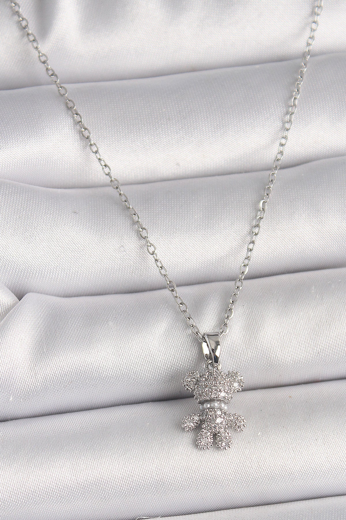 316L Çelik Gümüş Renk Zincir Zirkon Taşlı Ayıcık Figür Kadın Kolye