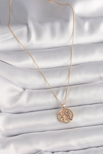 Pirinç Gold Renk Zirkon Taş Detaylı Gül İşleme Madalyon Model Kadın Kolye