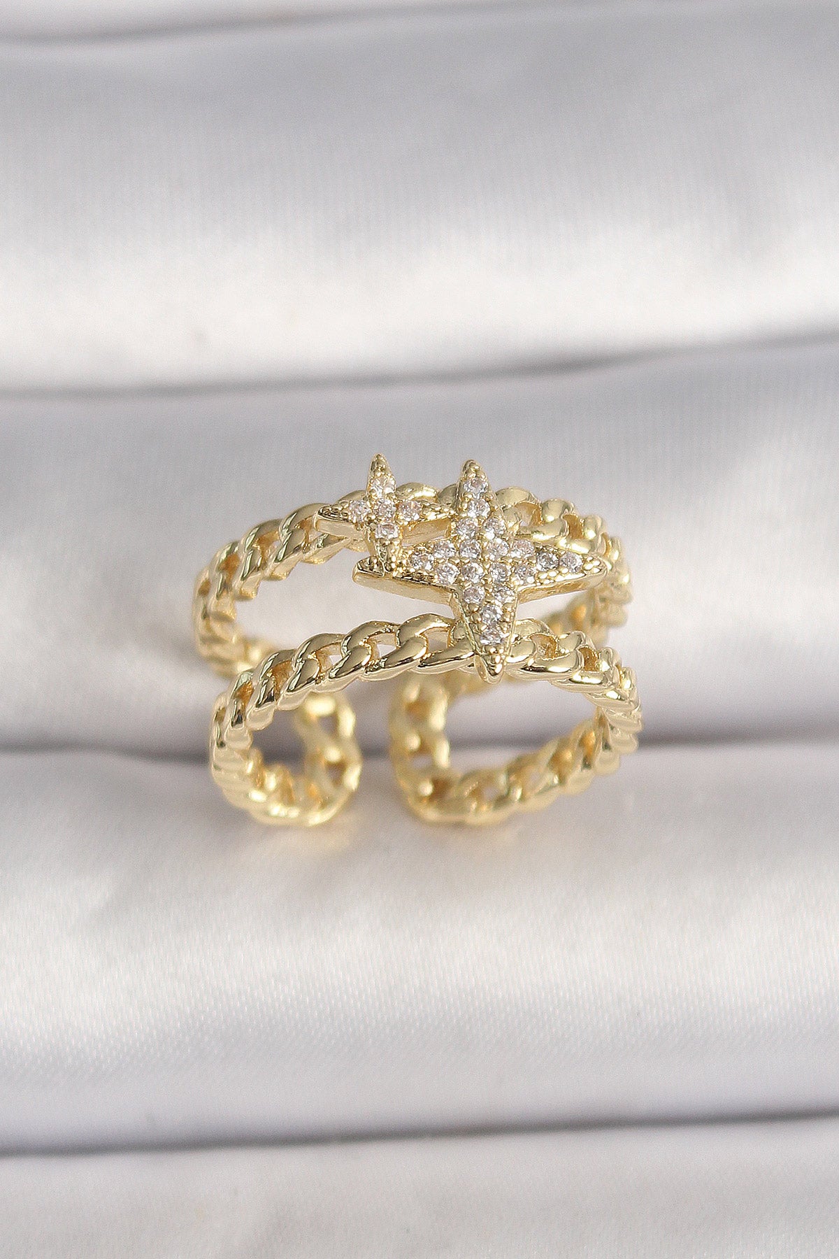 Brass Gold Color 2-Piece Chain Zircon Stone Star Figure Women's Ring