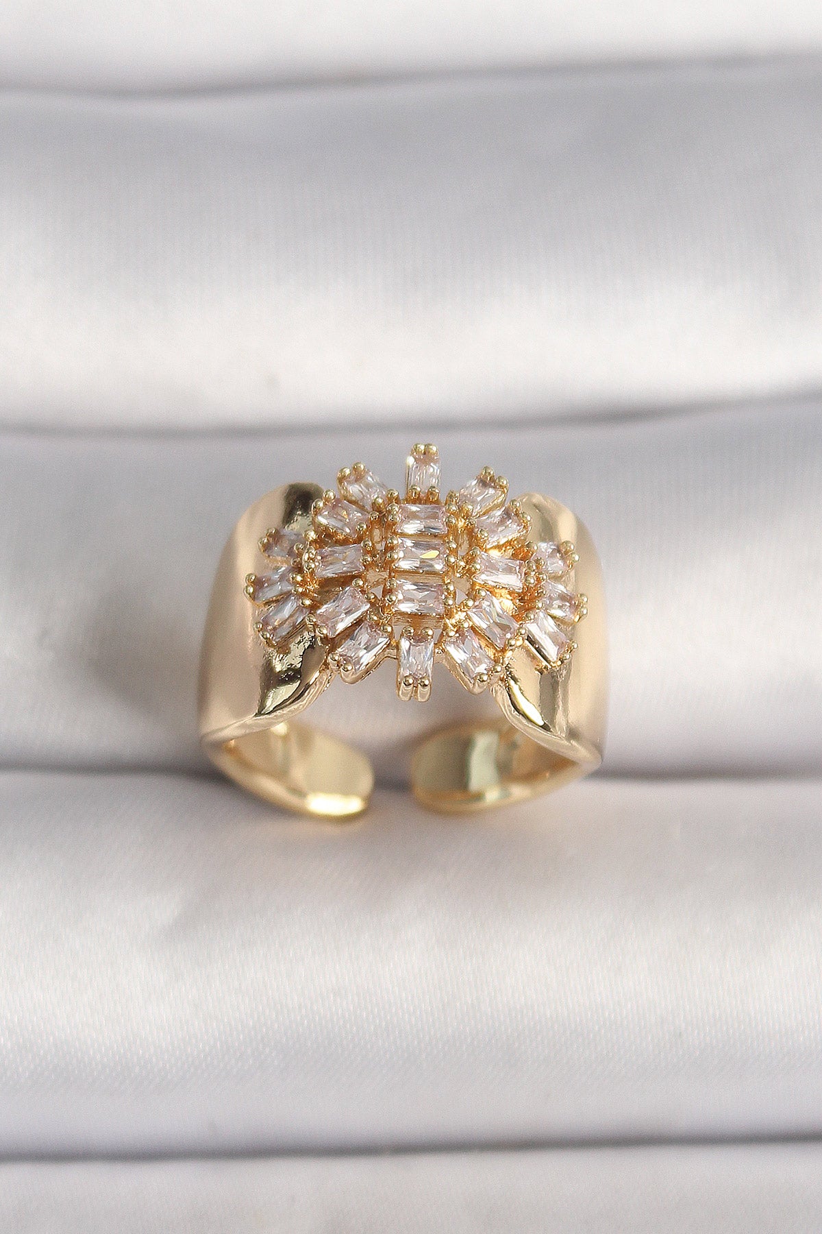 Brass Gold Color Adjustable Baguette Zircon Stone Women's Ring