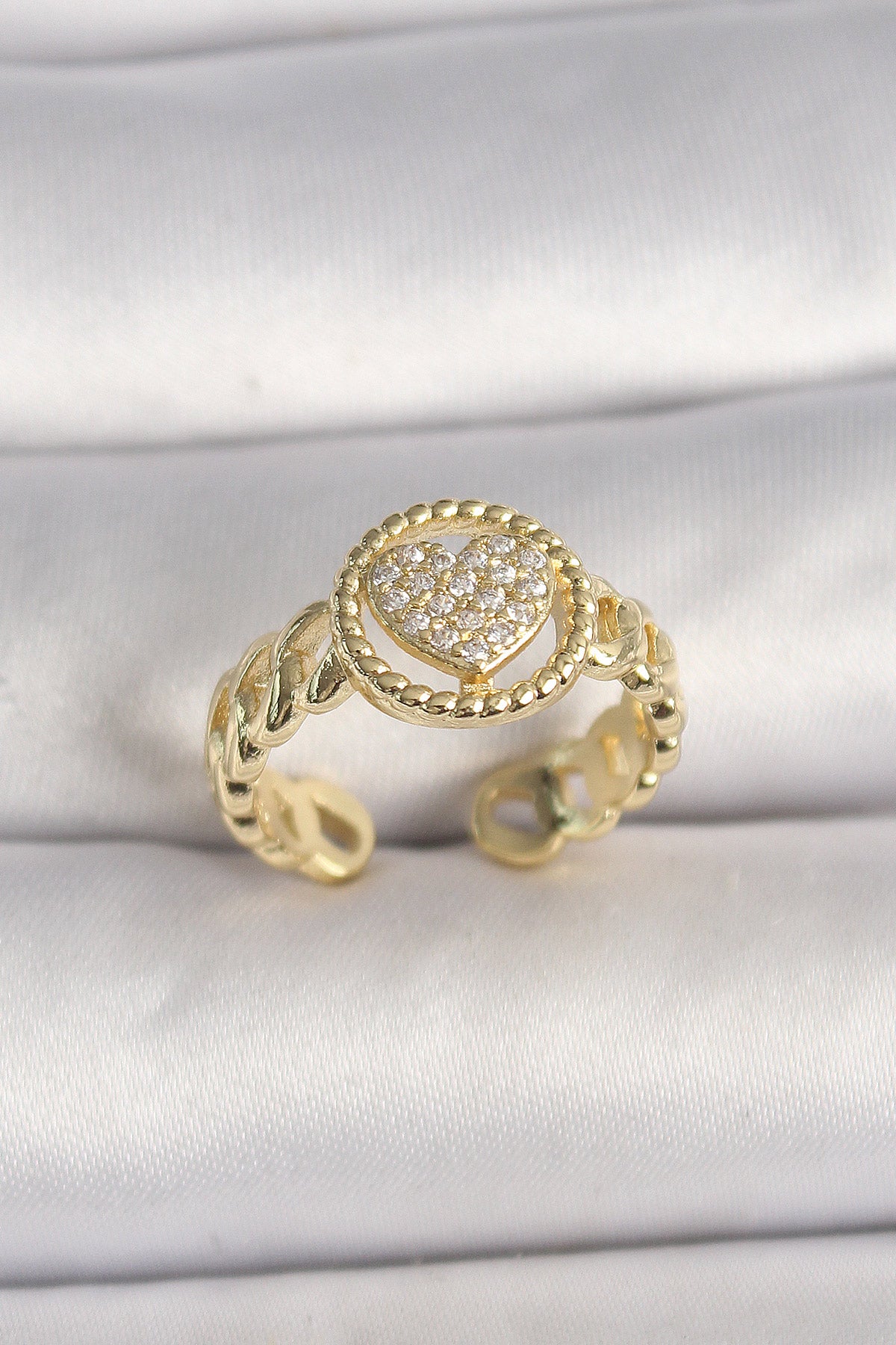 Brass Gold Color Adjustable Zircon Stone Heart Model Women's Ring