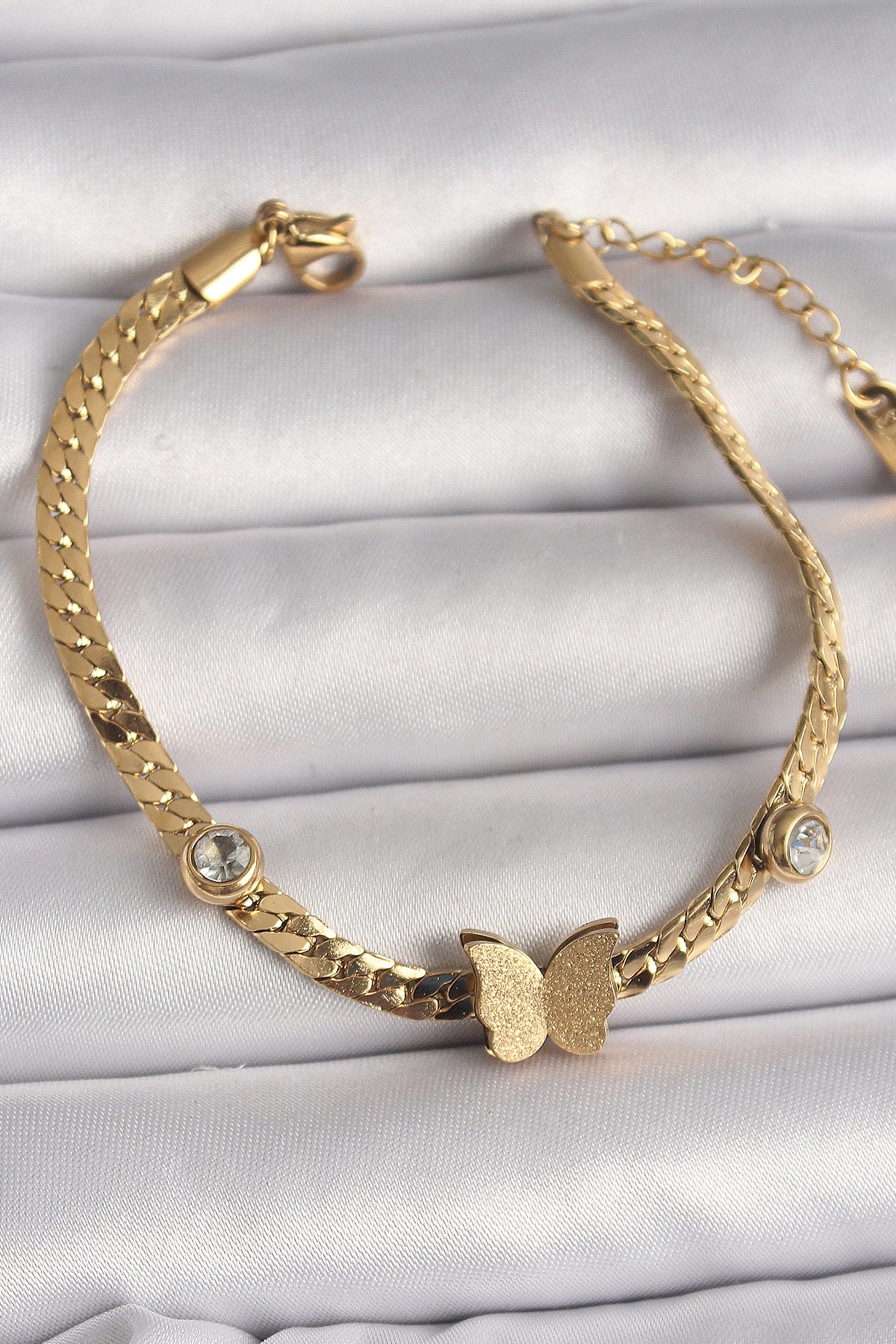 316L Steel Gold Color Flat Chain Zircon Stone Glittery Butterfly Figure Women's Bracelet