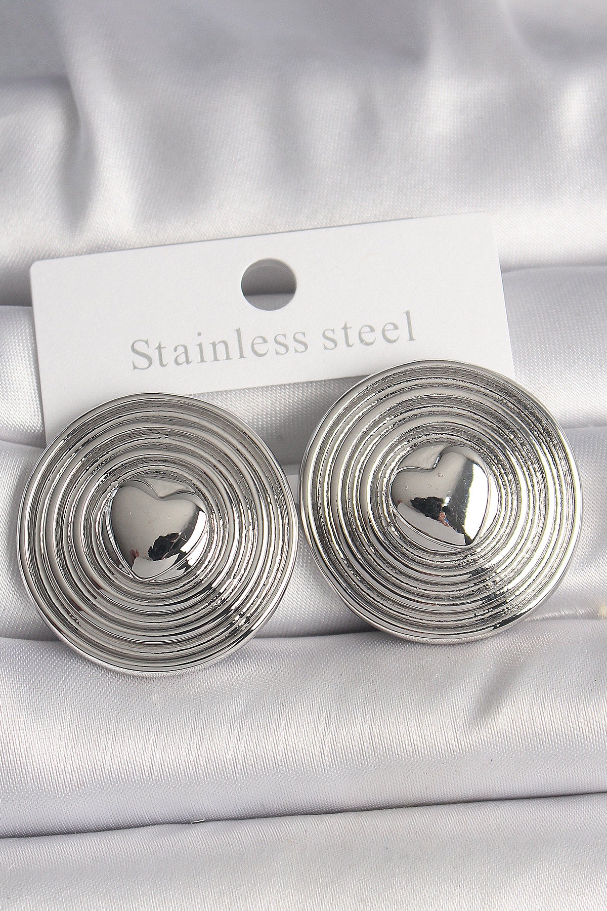 Brass Silver Color Heart Embroidered Circle Plate Model Women's Earrings