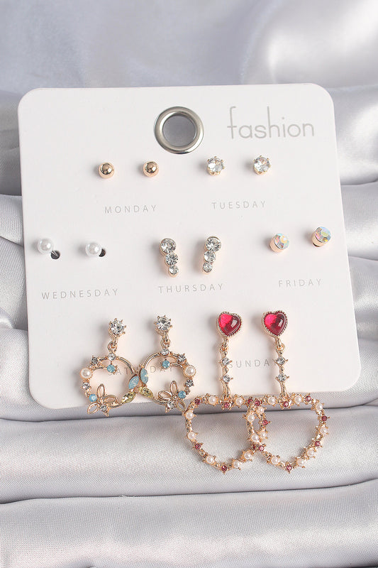 Pirinç Gold Renk Zirkon Taşlı Sallantı Kalp Figür 7 Çift Kadın Küpe Seti