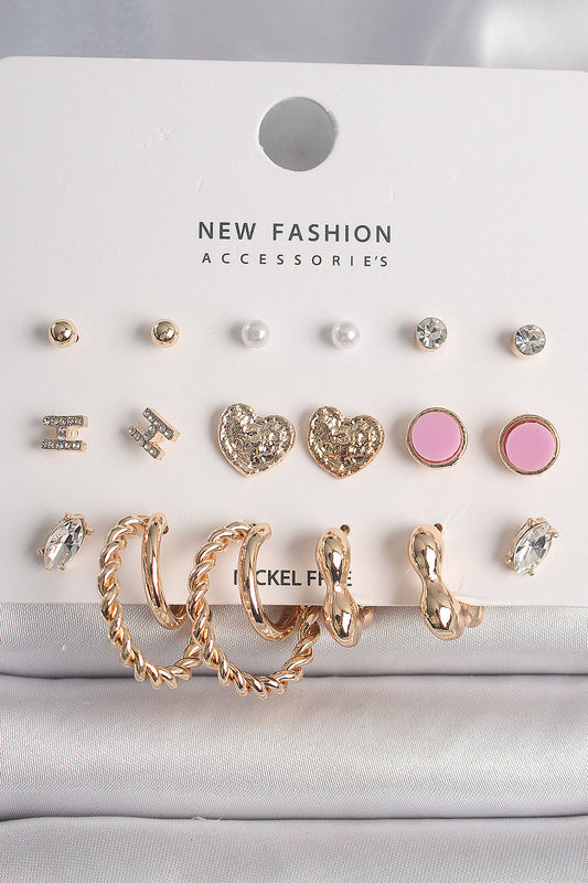 Brass Gold Color Zircon Stone Burug Ring Model Embroidered Heart Detail 9 Pairs Women's Earring Set