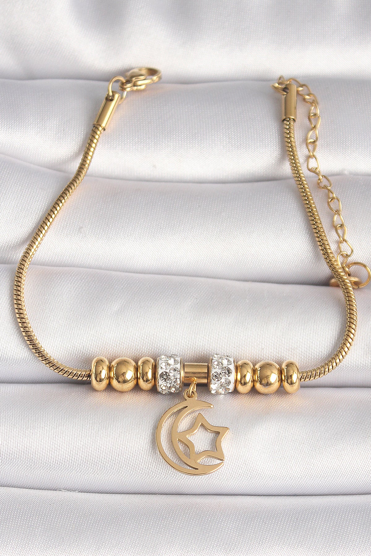 316L Steel Gold Color Tube Chain Zircon Stone Detailed Pendant Moon Star Figure Women's Bracelet