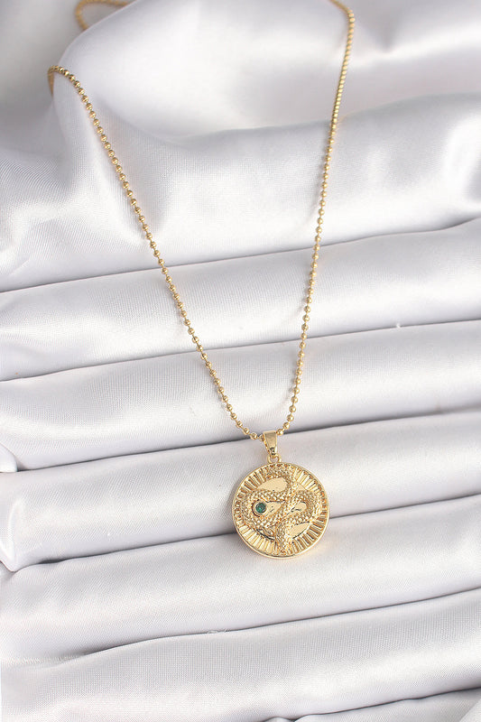 316L Steel Gold Color Ball Chain Snake Embroidered Zircon Stone Detailed Medallion Model Women's Necklace